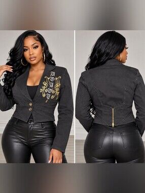 Vintage Black Cropped Blazer Jacket with Gold Embroidered Detail